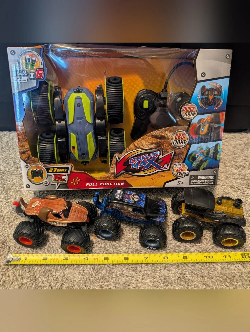 NWT Cyclone Max Remote Control Stunt Truck & 3 Small Monster Trucks.